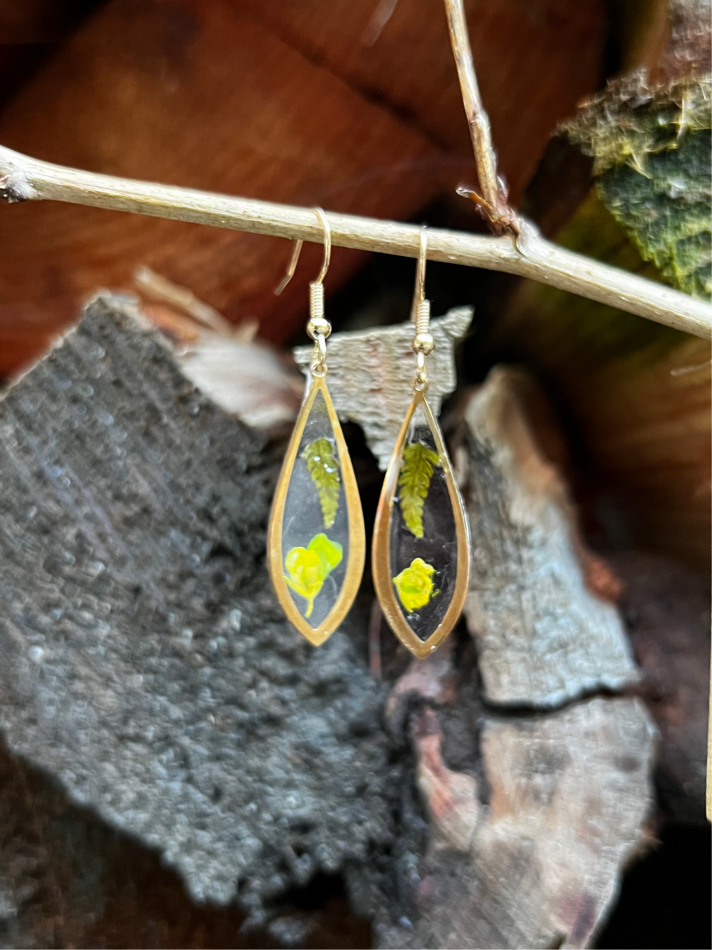 Oak Fern & Yellow Flower Teardrop Earrings