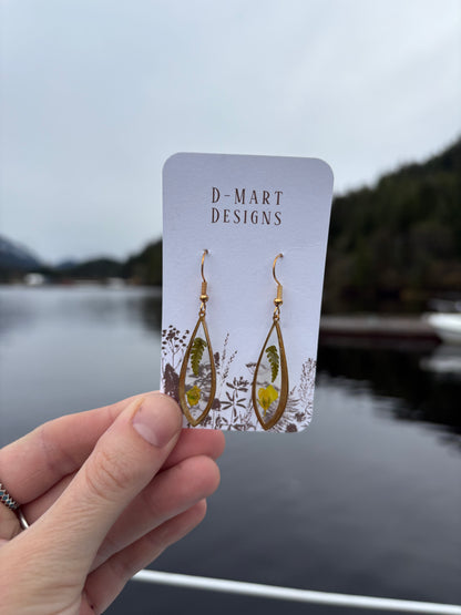 Oak Fern & Yellow Flower Teardrop Earrings