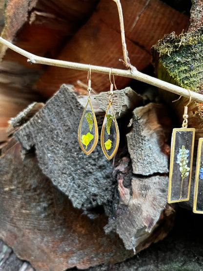 Oak Fern & Yellow Flower Teardrop Earrings