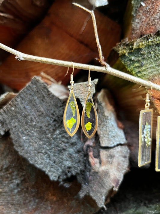 Oak Fern & Yellow Flower Teardrop Earrings