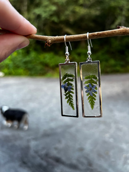 Oak Fern & Forget Me Not Flower Earrings - Silver