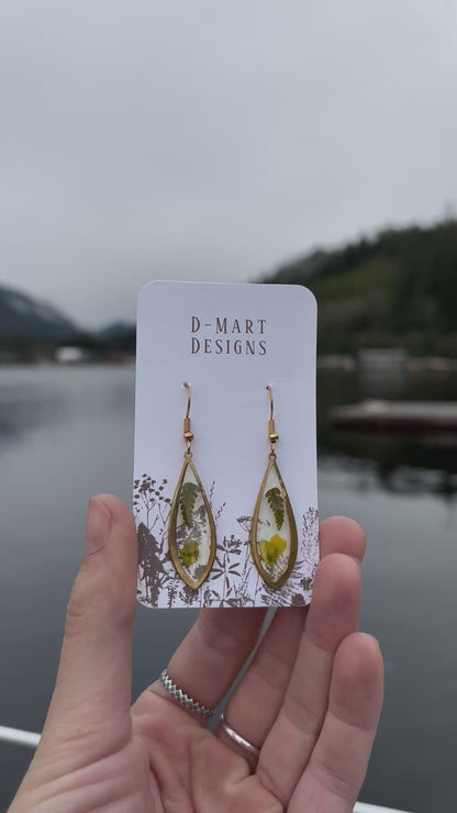 Oak Fern & Yellow Flower Teardrop Earrings